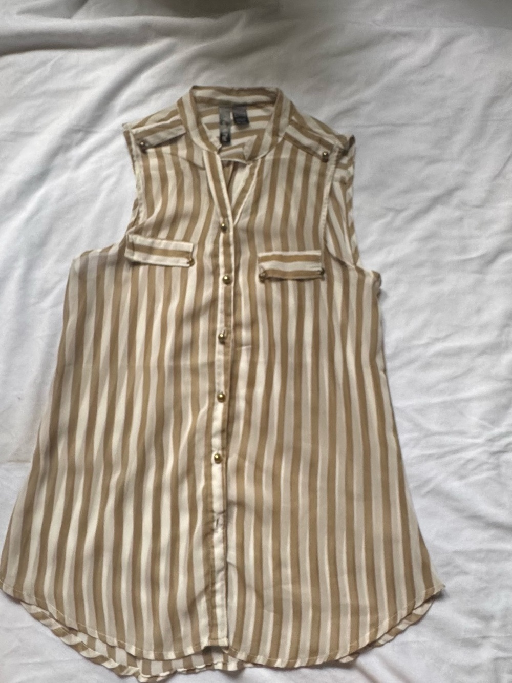 Sleeveless Striped Button-Front Top in Beige and White
